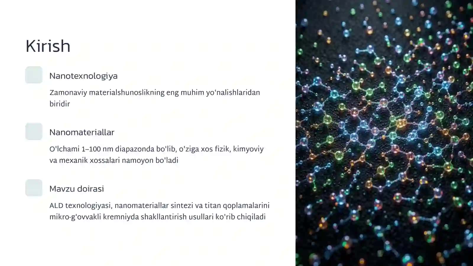 Atom qatlamlab o'stirish (ALD) texnologiyasi, nanomateriallar olish usullari va titanning mikro-g'ovvakli kremniyda hosil qilinishi 2