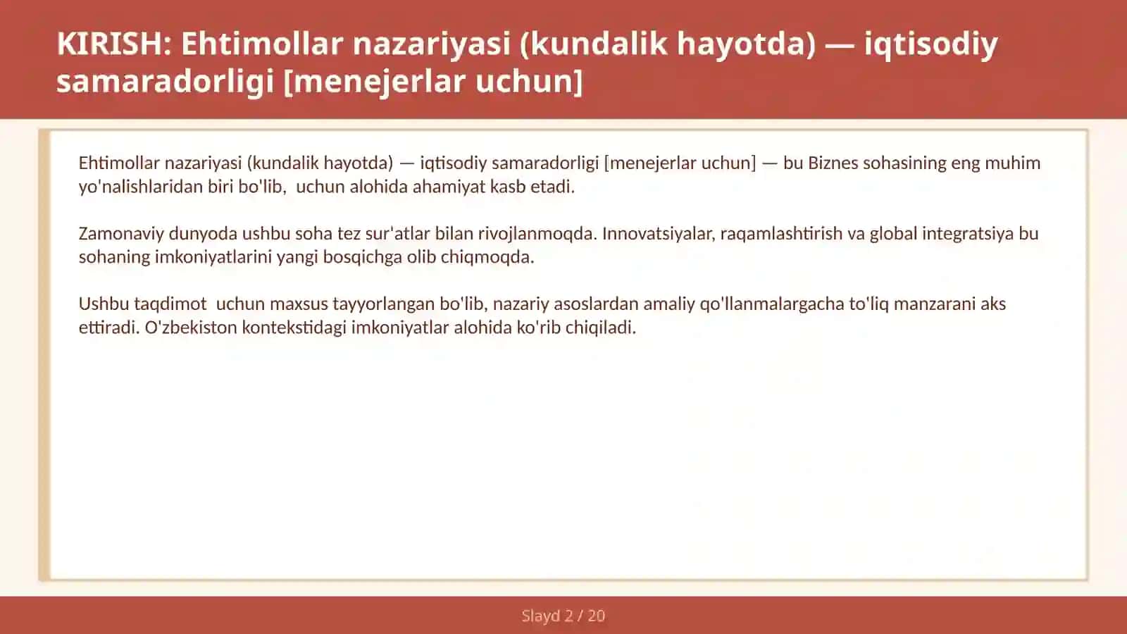 Ehtimollar nazariyasi (kundalik hayotda) — iqtisodiy samaradorligi [menejerlar uchun] 2