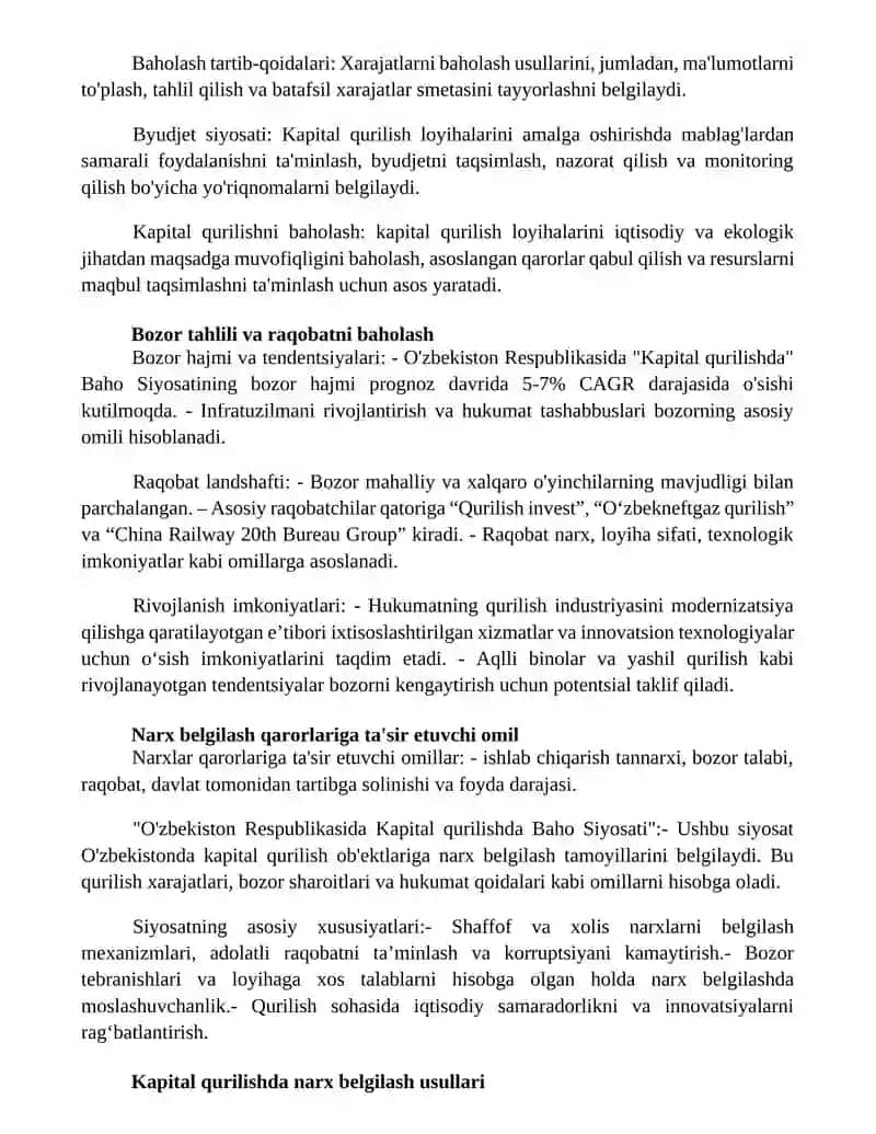 O'Zbekiston Respublikasida Kapital Qurilishda Baho Siyosati 2