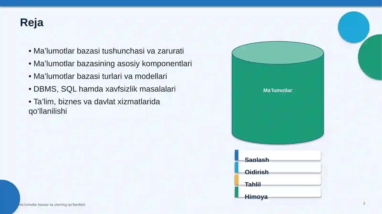 Ma’lumotlar bazasi va ularning qo‘llanilishi 2
