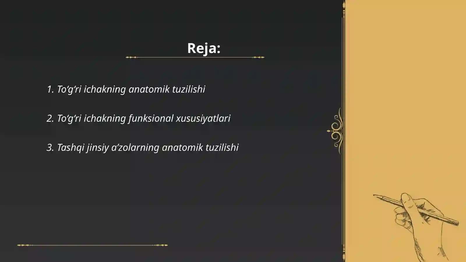 Toʻgʻri ichak va tashqi jinsiy a'zolar oqmalari, urugʻ yoʻli, moyak qavatlari istisqosi, epispadiya, gipospadiya taqdimoti 2