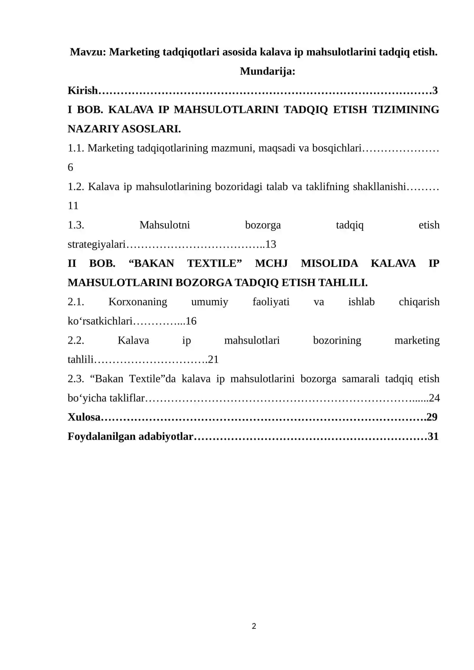Marketing tadqiqotlari asosida kalava ip mahsulotlarini tadqiq etish 2