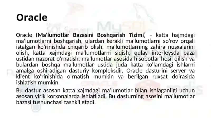 10-mavzu.Zamonaviyma`lumotlarbazasiniboshqarishtizimlari:ORACLE 2
