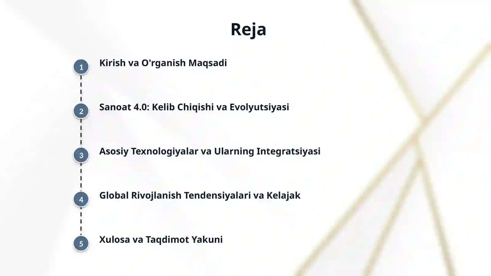 1	Industry 4.0 konsepsiyasi: kelib chiqishi, asosiy texnologiyalari va global rivojlanish tendensiyalari. 2