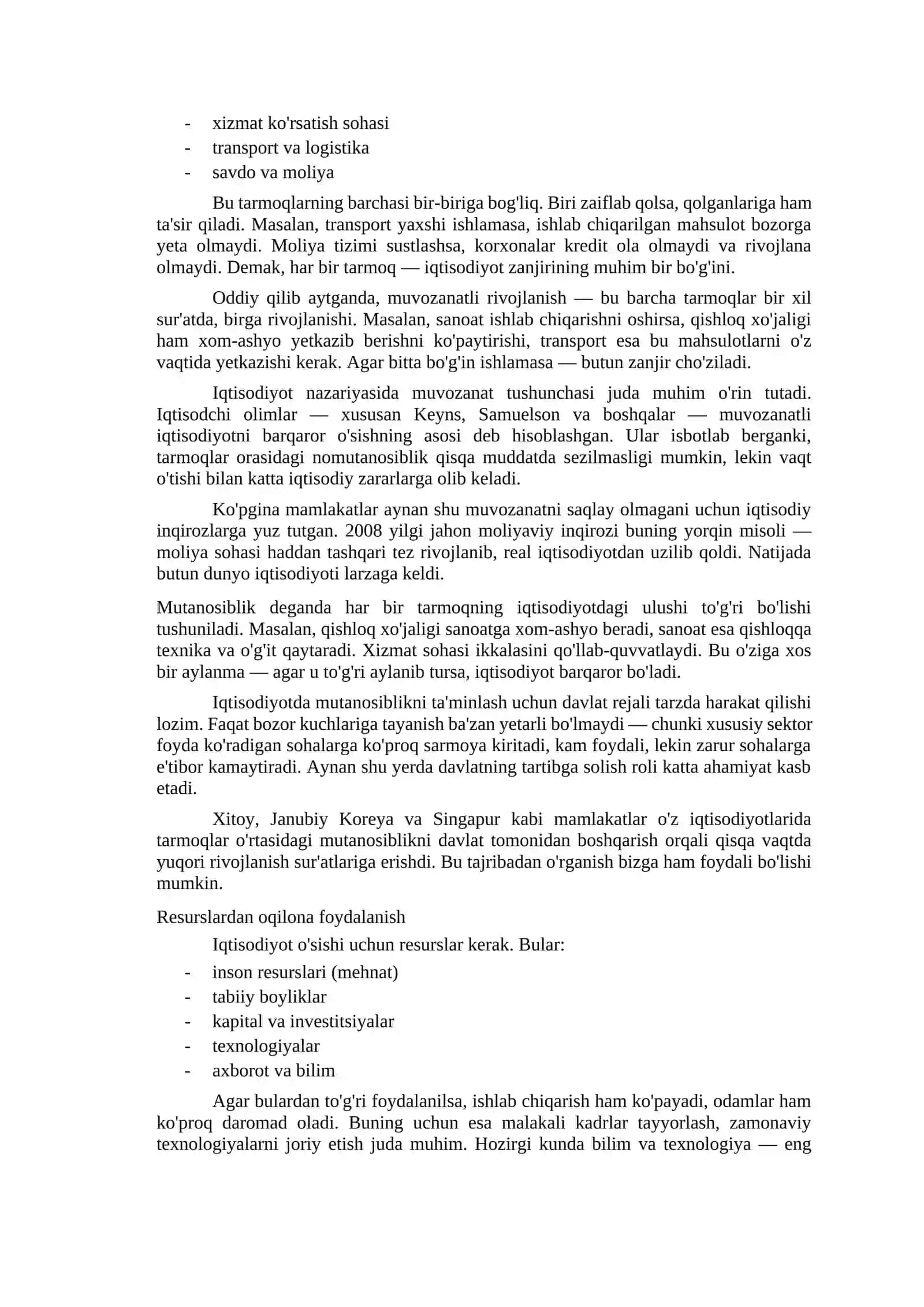 Milliy iqtisodiyotning muvozanatli va mutanosibli rivojlanishi 2