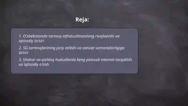 O'zbekistonda tarmoq texnalogiyalari rivojlanishi va iqtisodiyotdagi samaradorligi 2