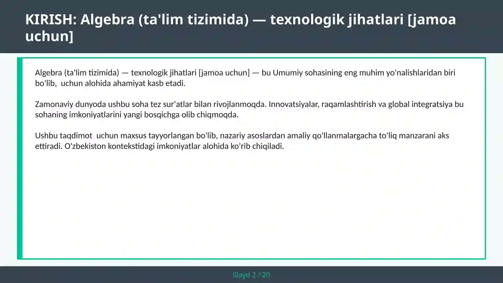 Algebra (ta'lim tizimida) — texnologik jihatlari [jamoa uchun] 2