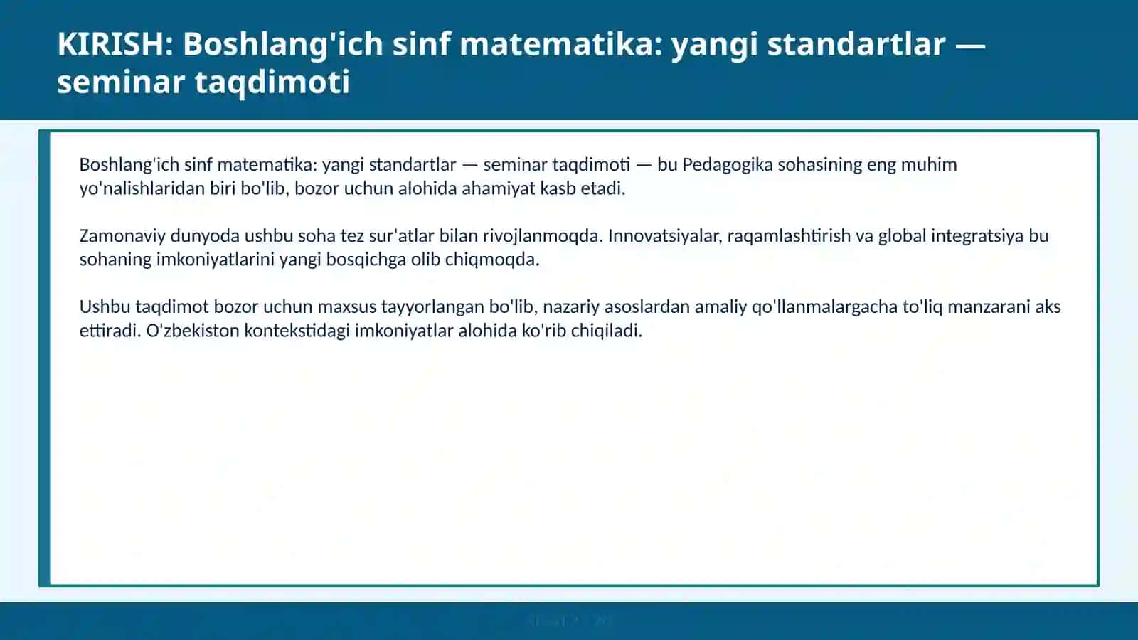 Boshlang'ich sinf matematika: yangi standartlar — seminar taqdimoti 2