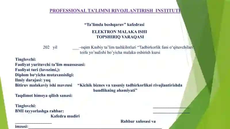 Elektron Malaka Ishi, Kichik biznes va xususiy tadbirkorlikni rivojlantirishda  bandlikning ahamiyati 2