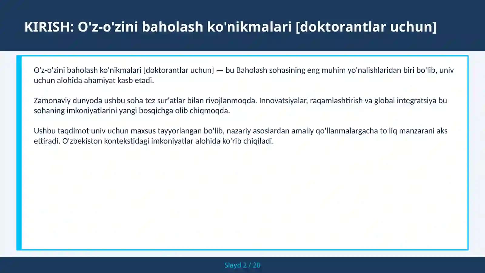 O'z-o'zini baholash ko'nikmalari [doktorantlar uchun] 2