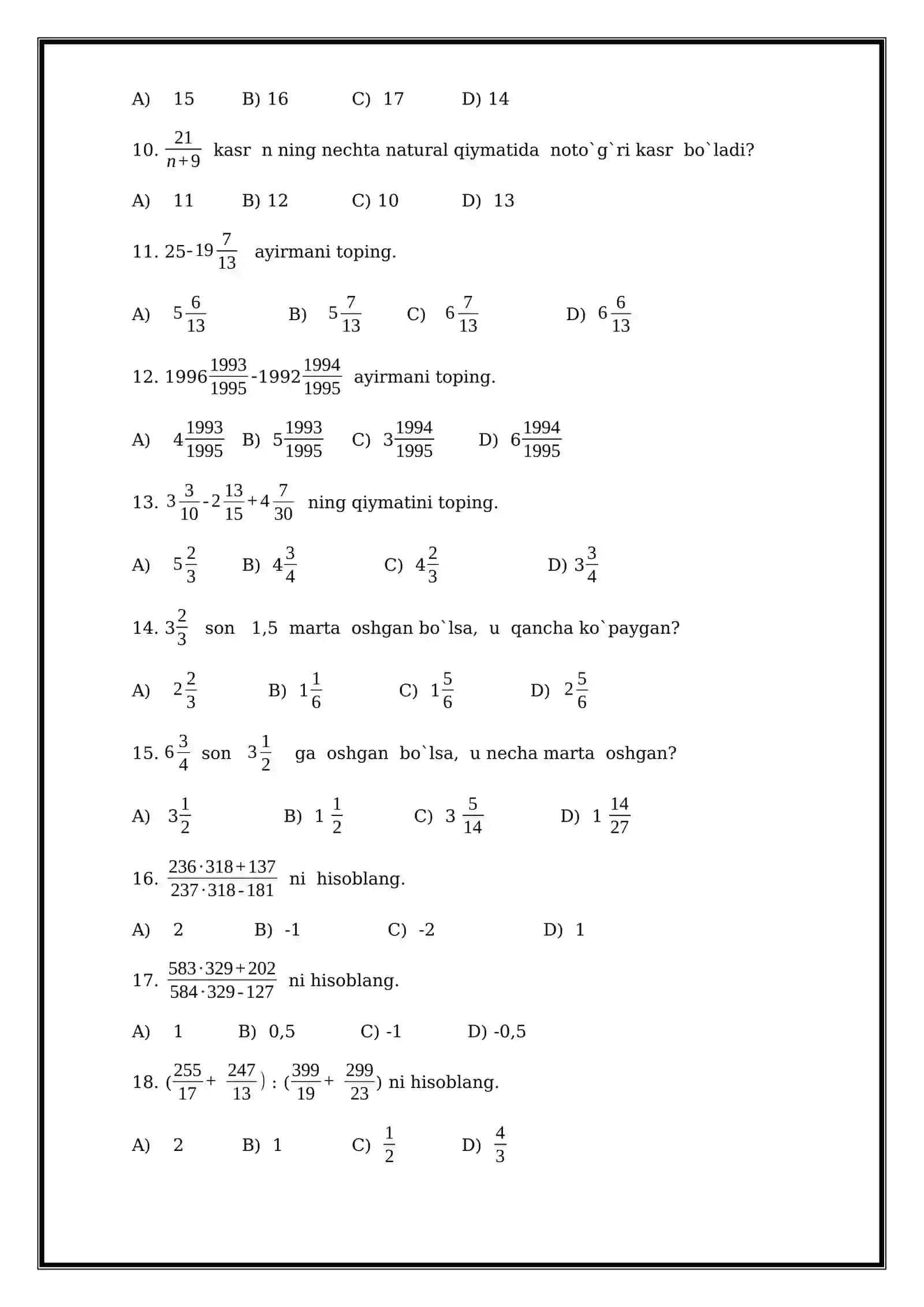 8-SINF ALGEBRADAN KASRLARNI UMUMIY MAXRAJGA KELTIRISH MAVZUSIDA TEST 2