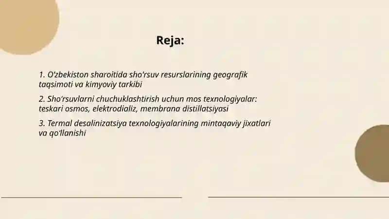 Oʻzbekiston sharoitida shõrsuv suvlarni chuchuklashtirish ğoyasini yaratish 2