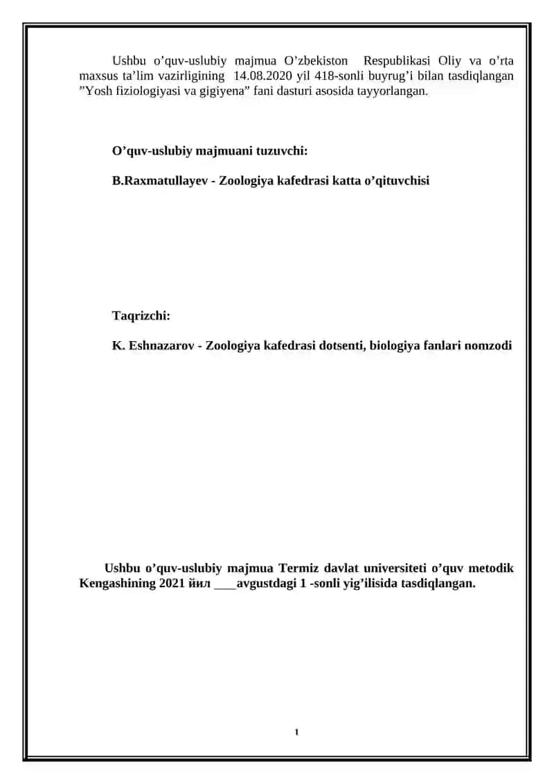Yosh fiziologiyasi va gigiyena fanidan 2