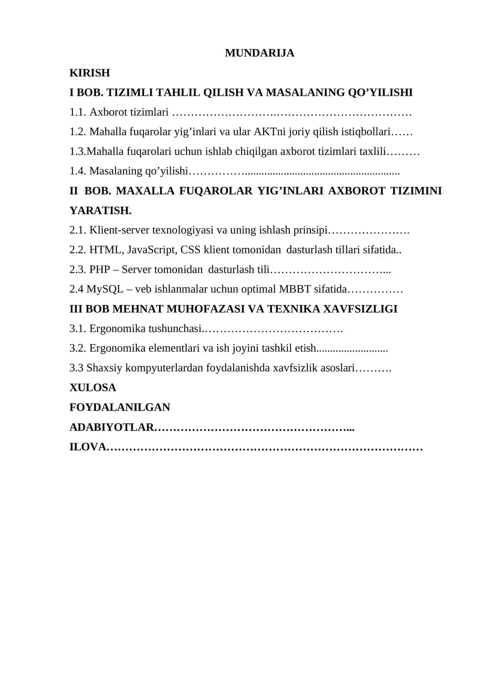 MAXALLA FUQAROLAR YIG’INLARI AXBOROT TIZIMINI MIJOZ- SERVER TEXNOLOGIYASI ASOSIDA LOYIXALASH VA DASTURINI YARATISH 2