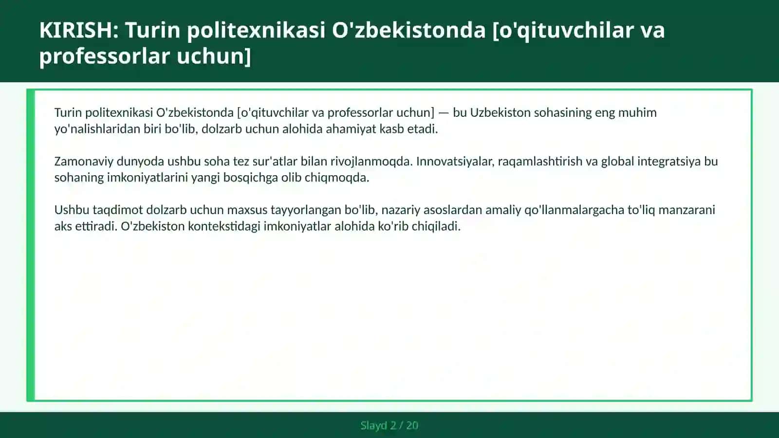 Turin politexnikasi O'zbekistonda [O'qituvchilar va professorlar uchun] 2