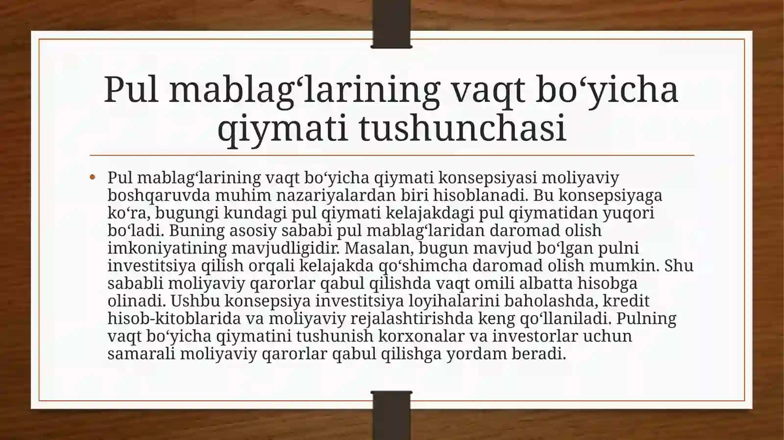 Pulmablag’larining vaqtboyicha qiymati kontseptiyasi 2