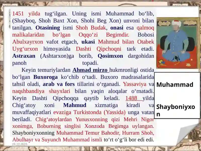 Movarounnahr va Xurosonda shayboniylar hukmronligining o‘rnatilishi. Buxoro xonligining tashkil topishi va siyosiy tarixi. 2