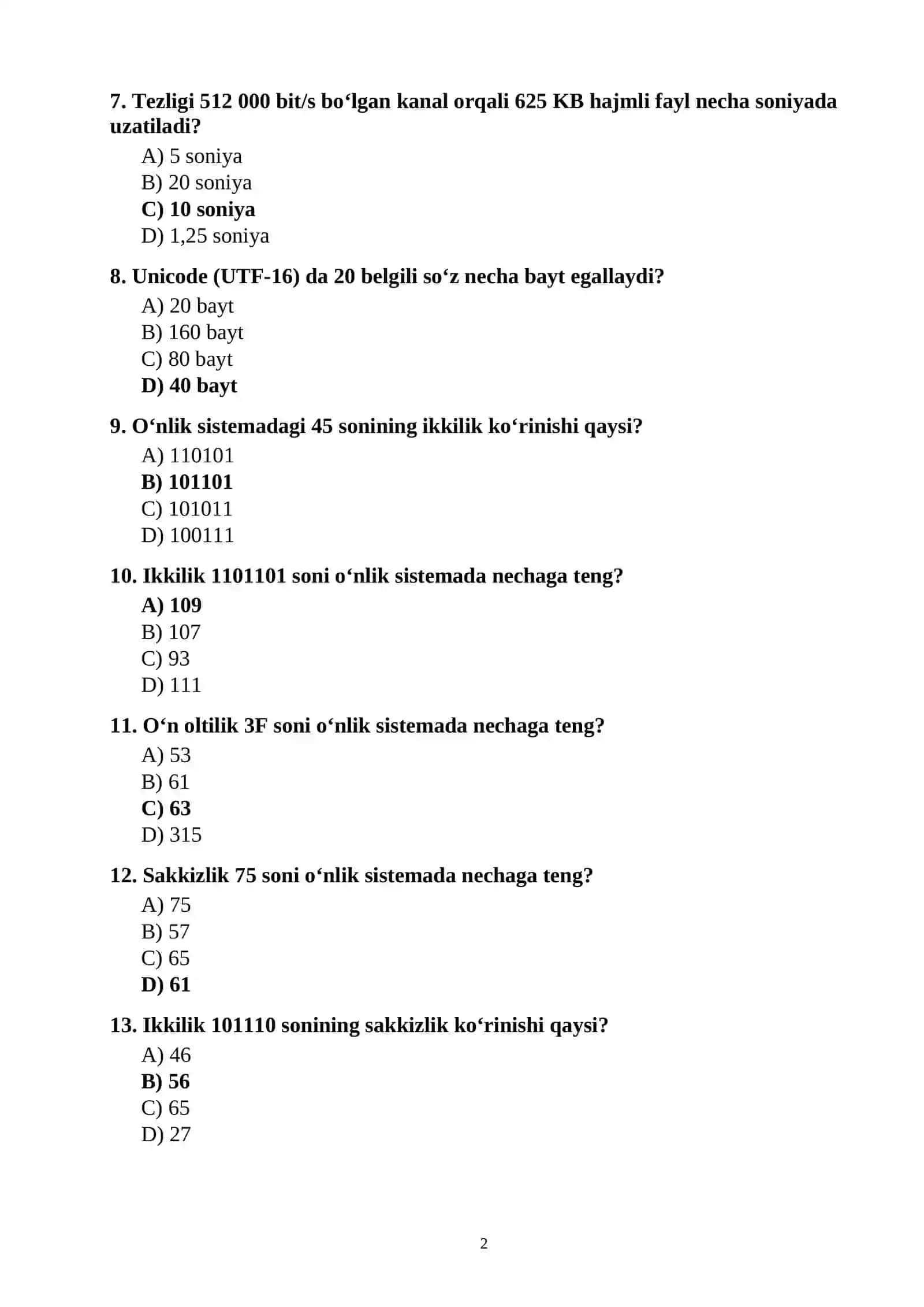 Informatika attestatsiya 2026-2027 test savollari javoblari bilan 2