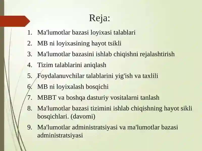 Ma`lumotlarbazasiloyixasitalablari 2
