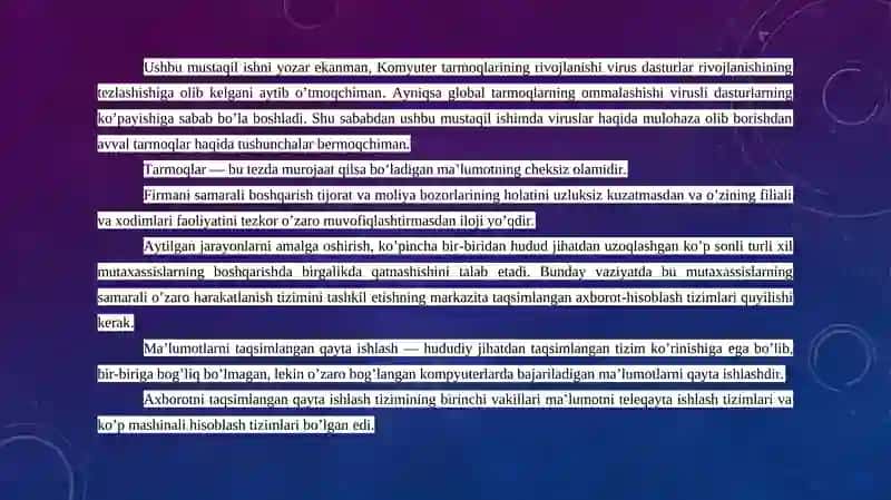 Kompyuter tarmoqlari: dasturiy, yuklanuvchi, makro va tarmoq viruslari 2