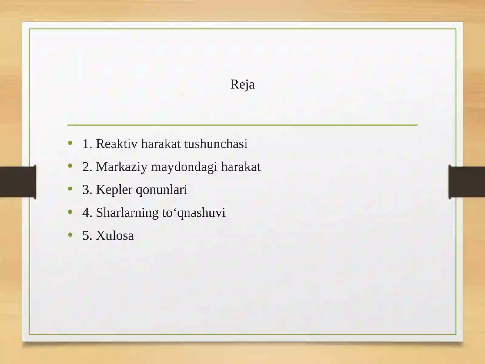 Reaktiv harakat. Markaziy maydondagi harakat. Kepler qonunlari. Sharlarning to‘qnashuvi. 2