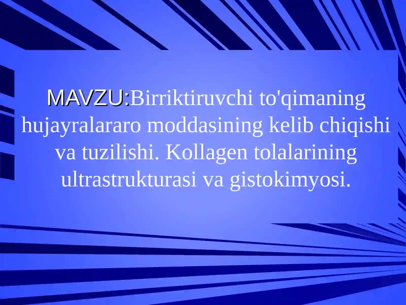 Birriktiruvchi to'qimaning hujayralararo moddasining kelib chiqishi va tuzilishi. Kollagen tolalarining ultrastrukturasi va gistokimyosi 2