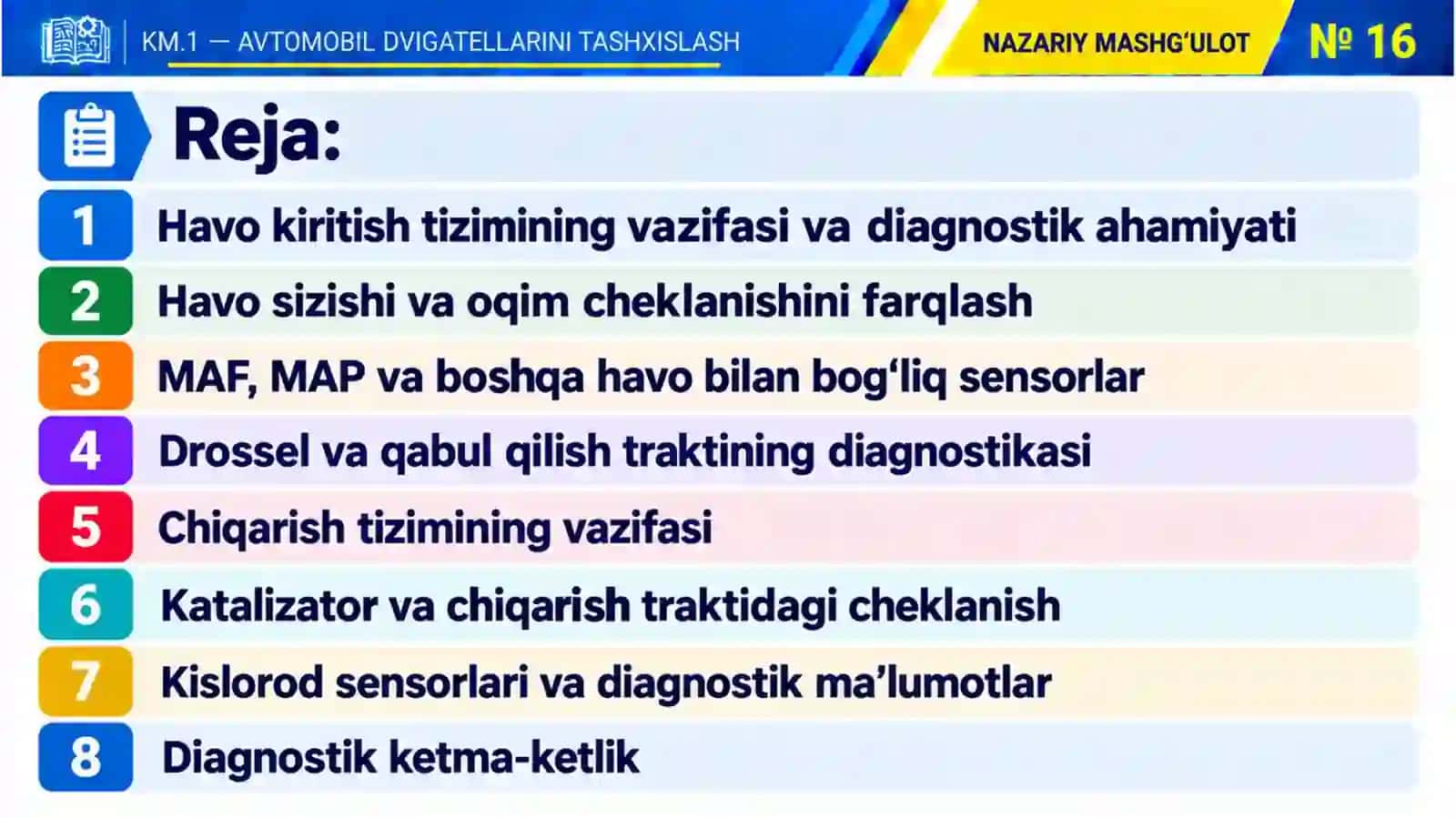 KM1_16-mavzu.Havo kiritish va chiqarish tizimlarini diagnostika qilish 2