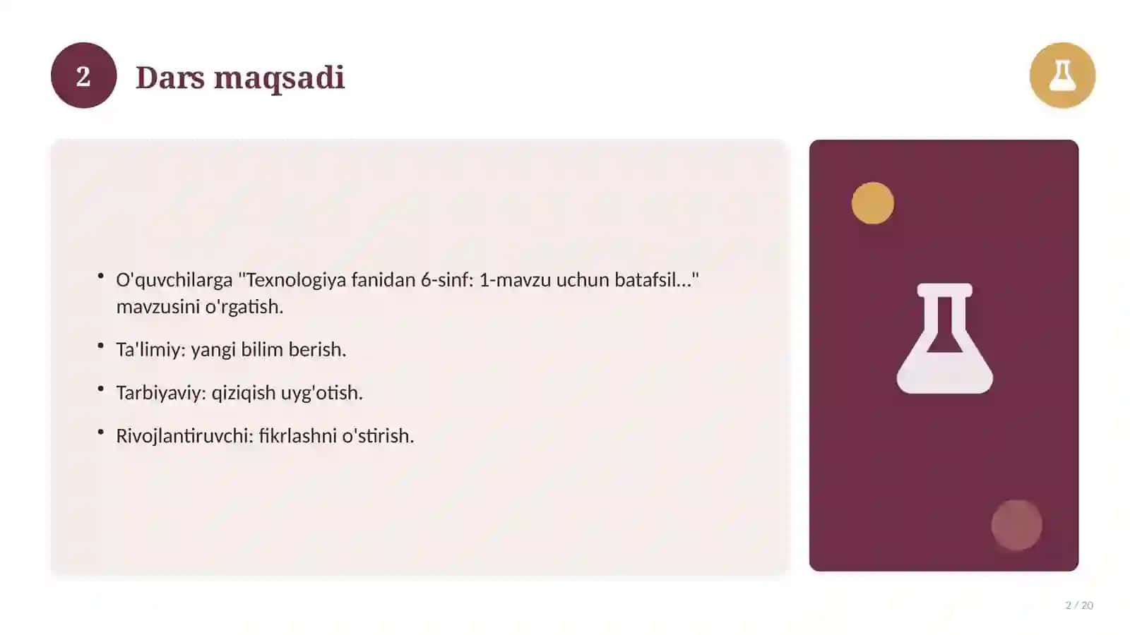 Texnologiya fanidan 6-sinf: 1-mavzu uchun batafsil dars ishlanmasi 2