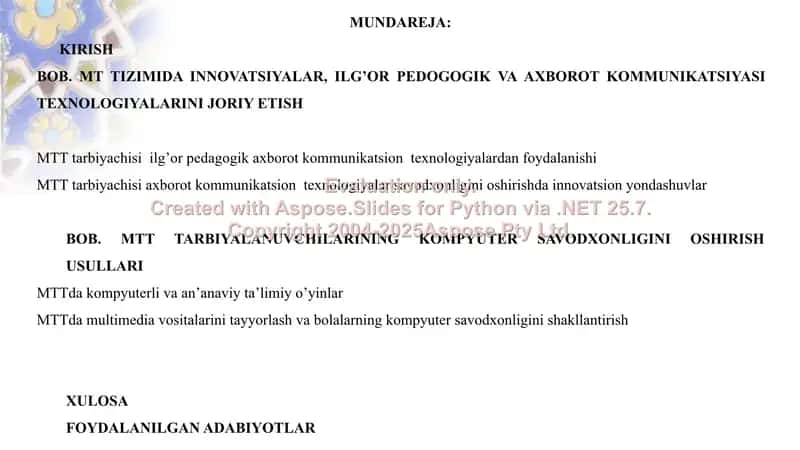 MT tizimida innovatsiyalar va ilg‘or pedagogik hamda axborot kommunikatsiyasi texnologiyalarini joriy etish bo‘yicha kurs ishi taqdimoti 2