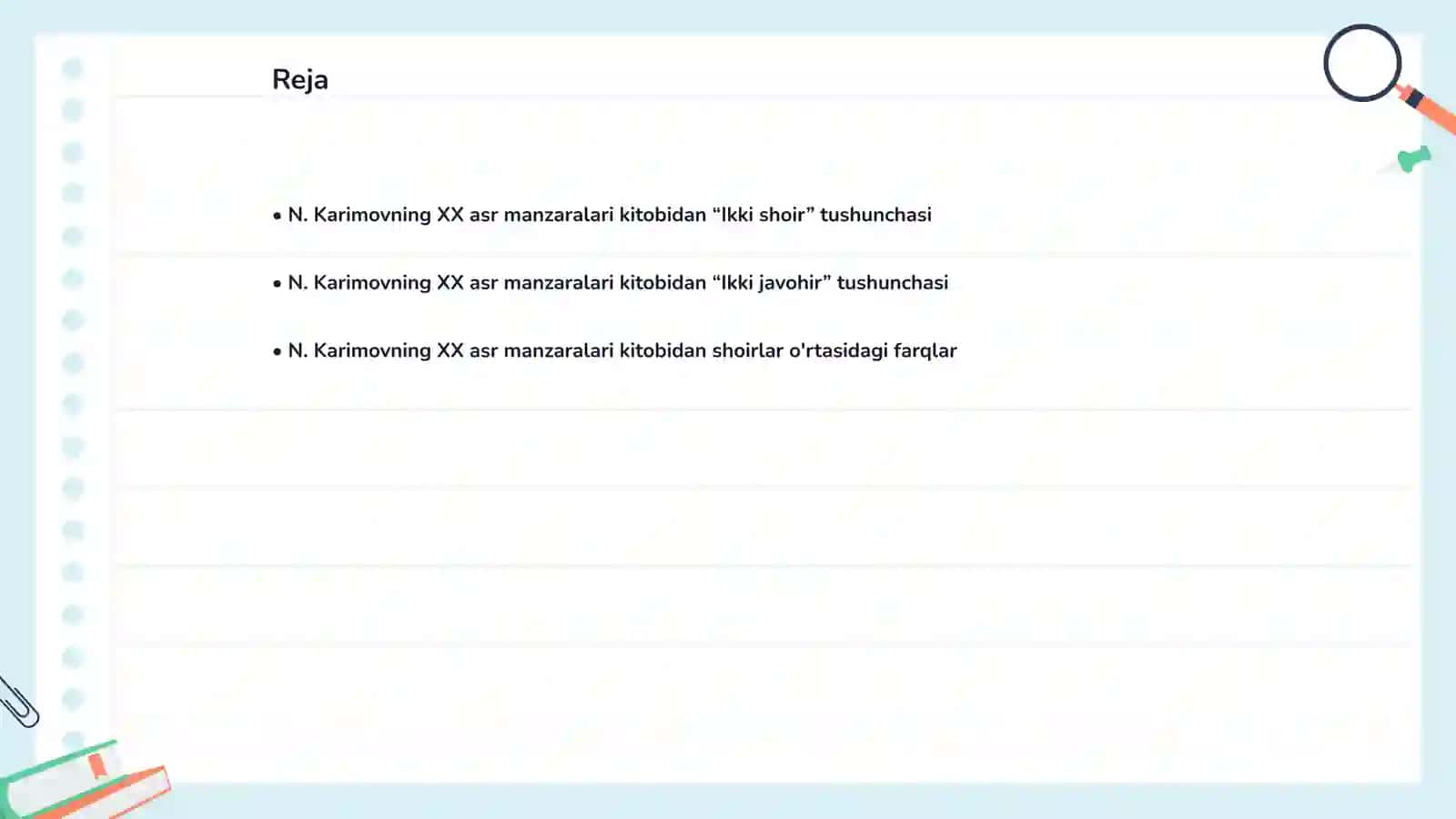 N. Karimovning XX asr manzaralari kitobidan “Ikki shoir ikki javohir bo’limini o’qib,o’rganish 2
