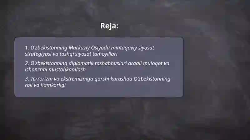 Oʻzbekistonning Markaziy Osiyida tinchlik va barqarorlikni ta'minlashdagi oʻrni 2