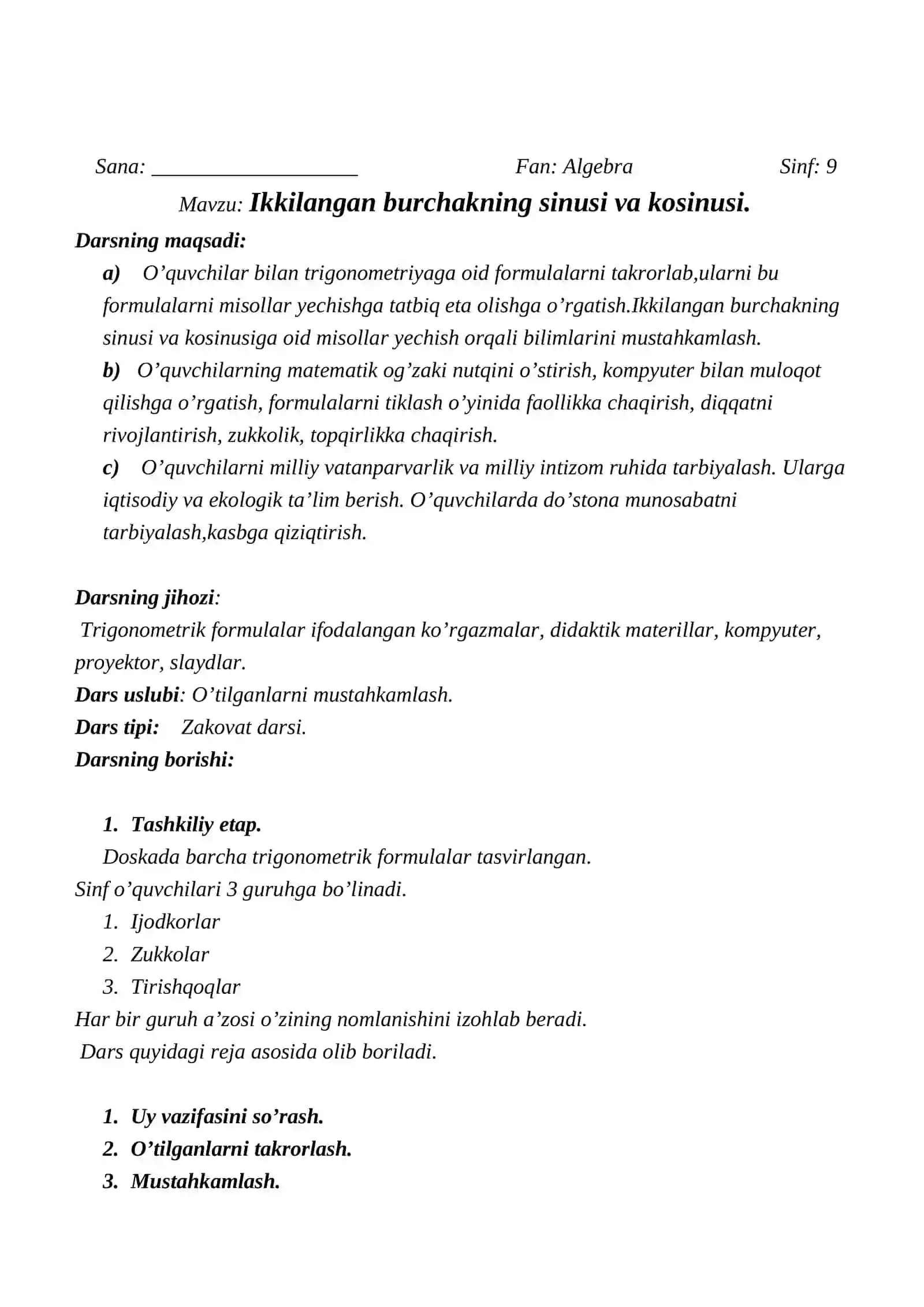 AMALIY MATEMATIKA VA INTELLEKTUAL TEXNOLOGIYALAR FAKULTETI AMALIY MATEMATIKA YO’NALISHI 24-01 GURUH TALABASINING UMUMIY PEDAGOGIKA FANIDAN DARS ISHLANMA 2