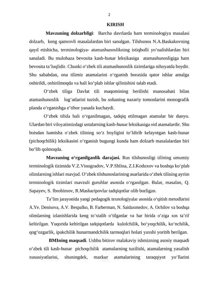 KASB – HUNAR (PICHOQCHILIK) LEKSIKASI 2
