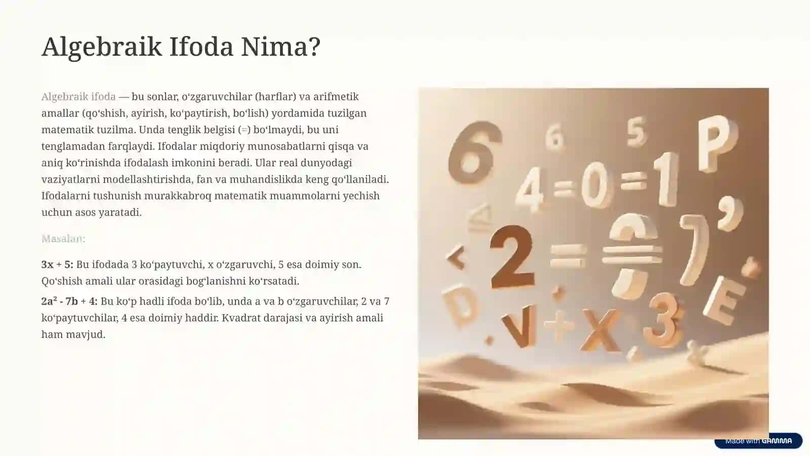 Algebraik Ifodalar: Asoslar va Amaliyot 2