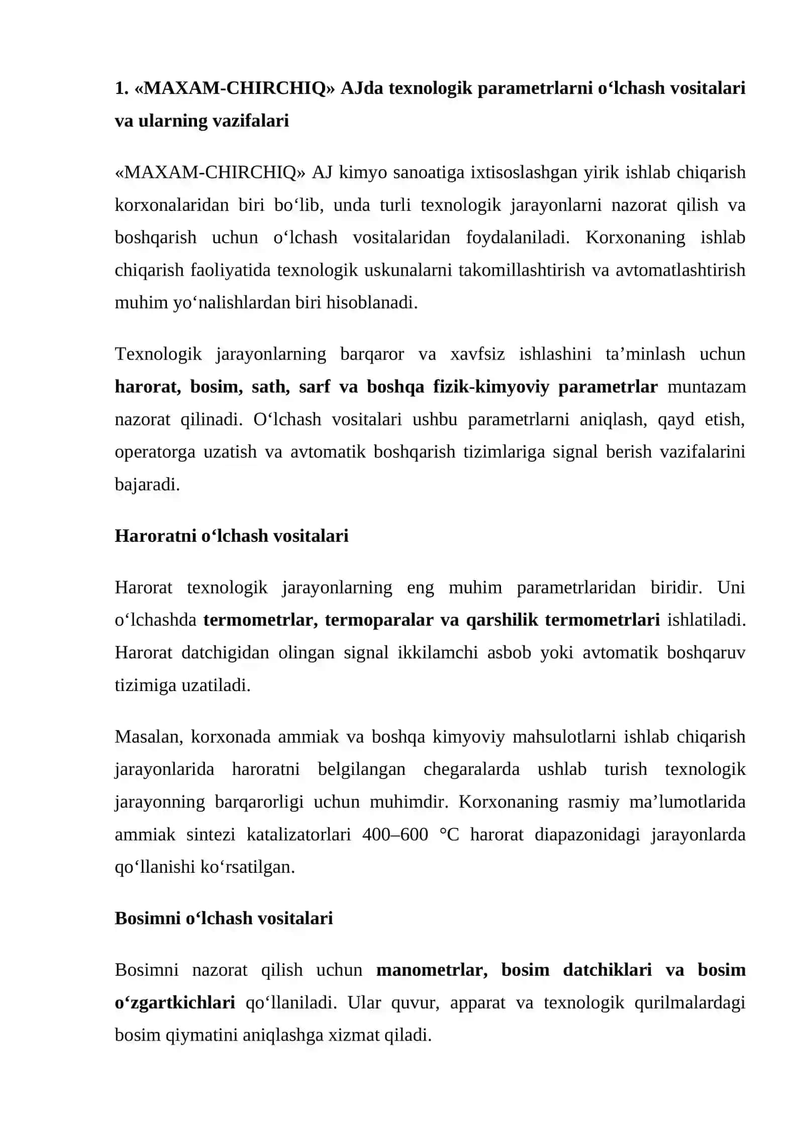 mustaqil ish «Maksam-Chirchiq» OAJ dagi texnologik parametrlarni o‘lchash vositalarining montaj va s 2