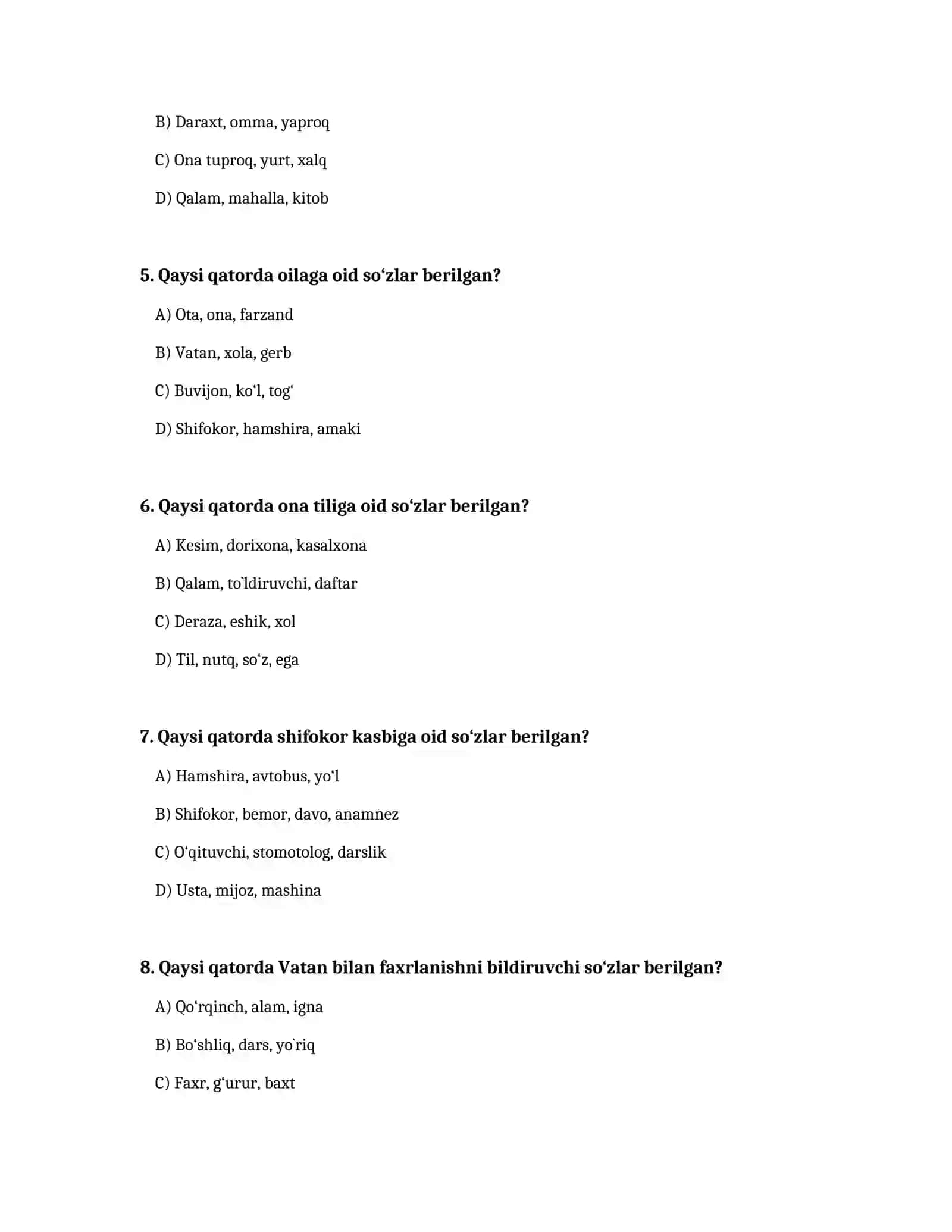 O'zbek tilining sohada qo'llanishi: yakuniy test 2