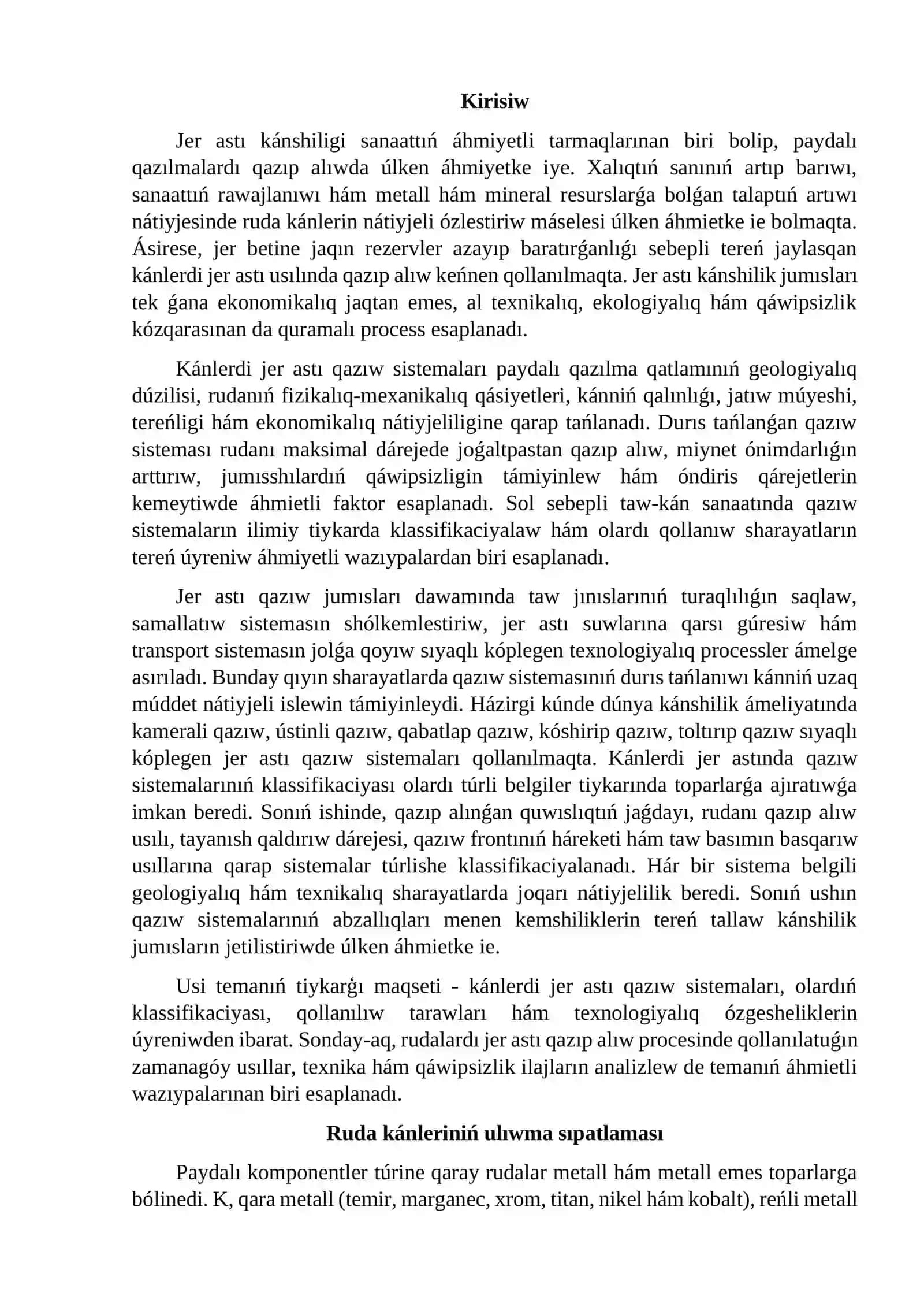 Kánlerdi jer asti usilinda qazıw sistemalari hám olardıń klassifikatsiyalari 2