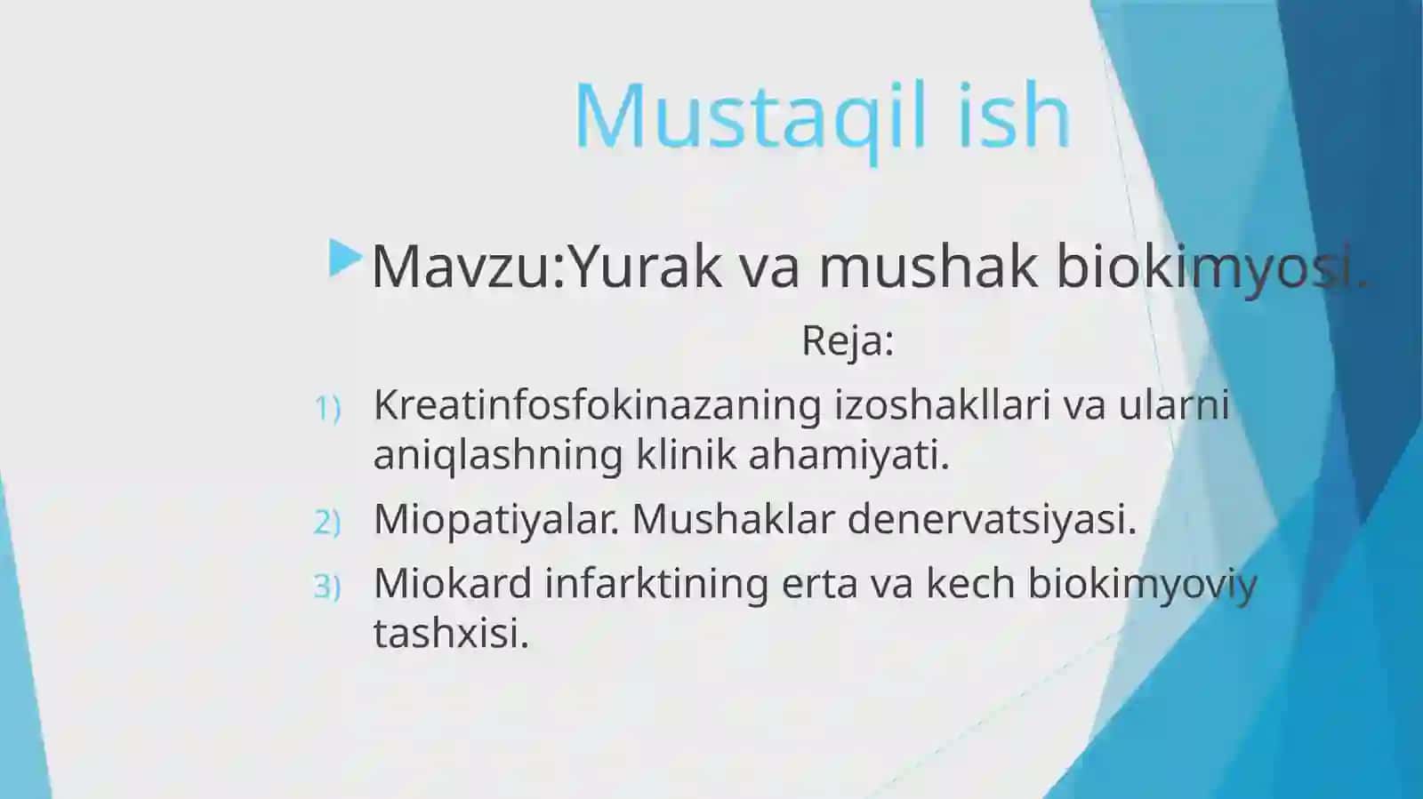 TOSHKENT TIBBIYOT AKADEMIYASI PEDIATRIYA YO`NALISHI 203 A GURUH TALABASIKOMILOV OG`ABEK BIOKIMYO FANIDAN MUSTAQIL ISHI 2