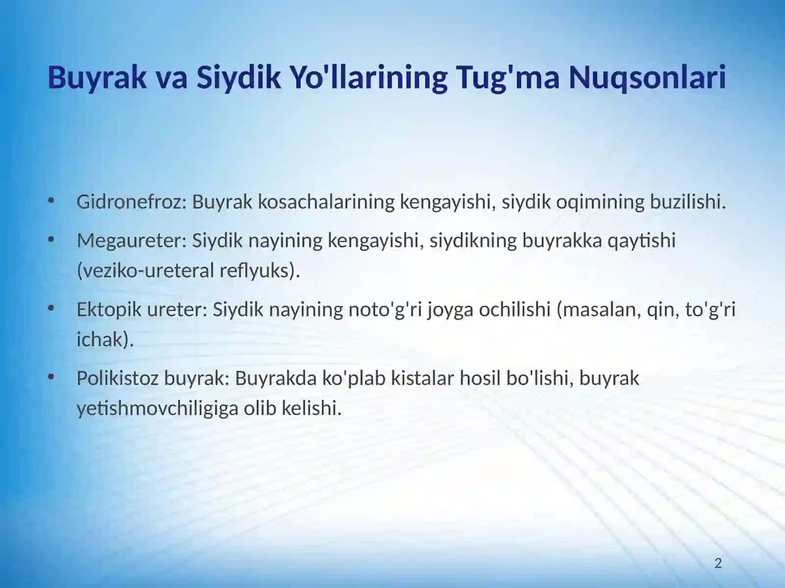 Buyrak va Siydik Yo'llari Kasalliklarini Operativ Davolash 2