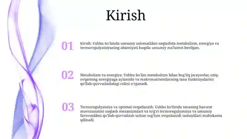 Metabolizm Va Energiyani OʻRganish. Termoregulyatsiya. ToʻGʻRi Ovqatlanish Asoslari 2