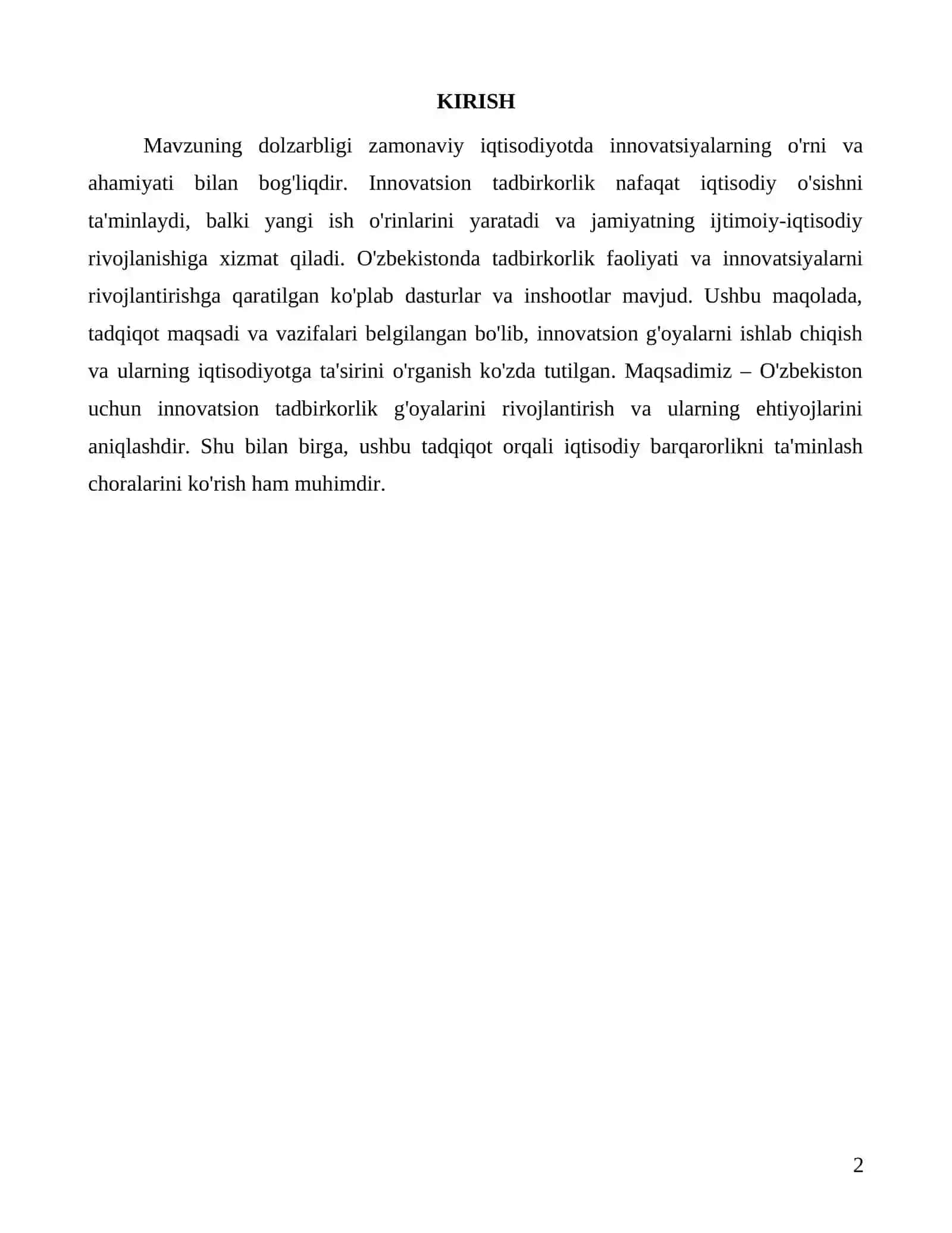 Innovatsion tadbirkorlik va iqtisodiy barqarorlik yo'lida biznes g'oyalar 2