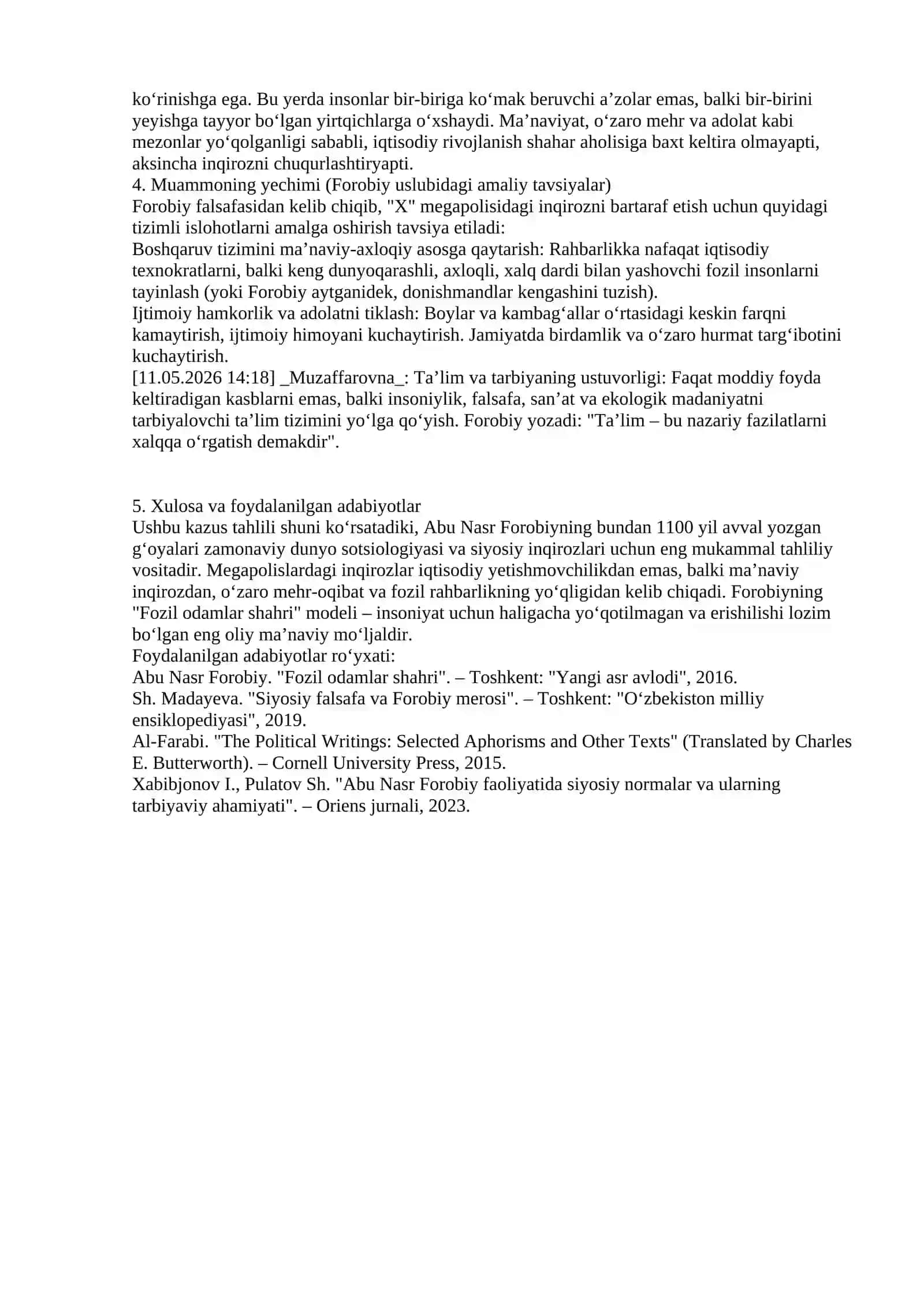 Abu Nasr Forobiyning "Fozil odamlar shahri" konsepsiyasi va zamonaviy jamiyat inqirozlari (Kazus tahlili asosida) 2