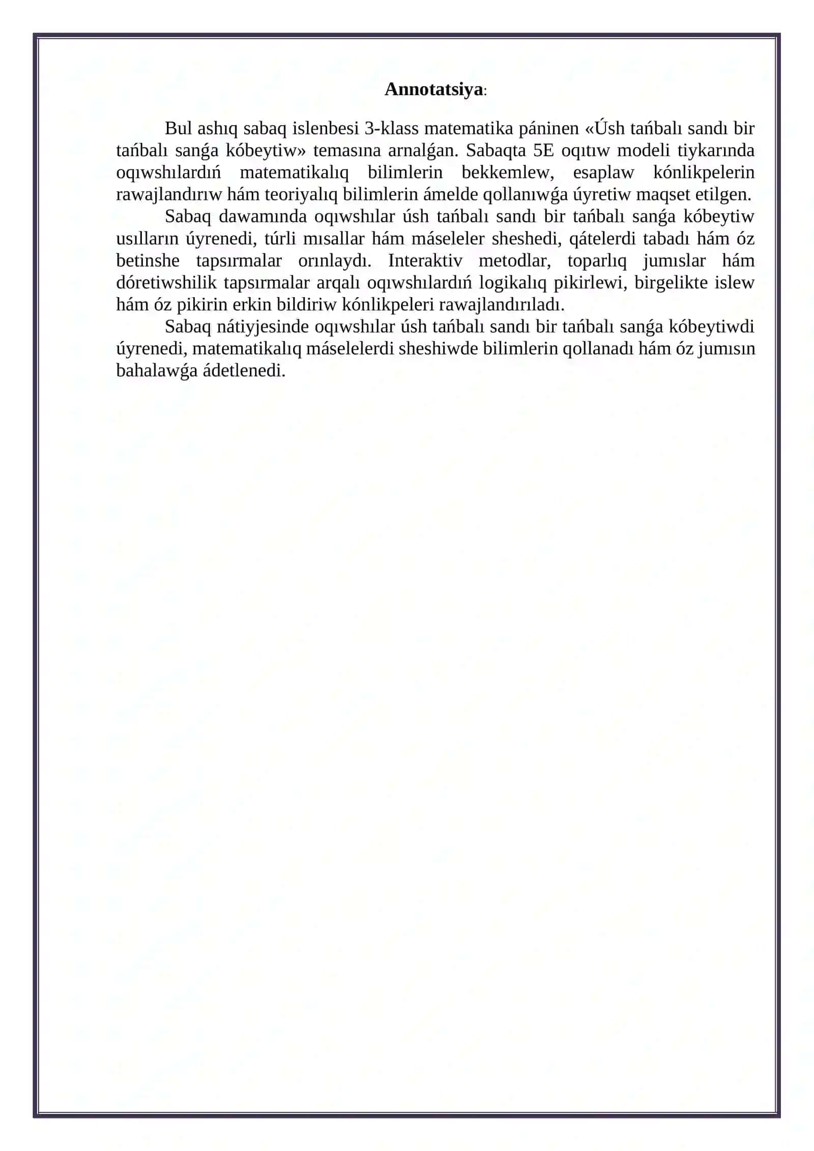 3-klass “Úsh tańbalı sandı bir tańbalı sanǵa kóbeytiw” 2