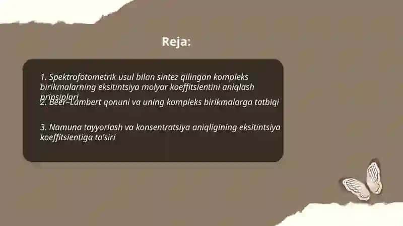 Sintez qilingan kompleks birikmalarning eksitintsiya molyar koeffitsienti hisoblash 2