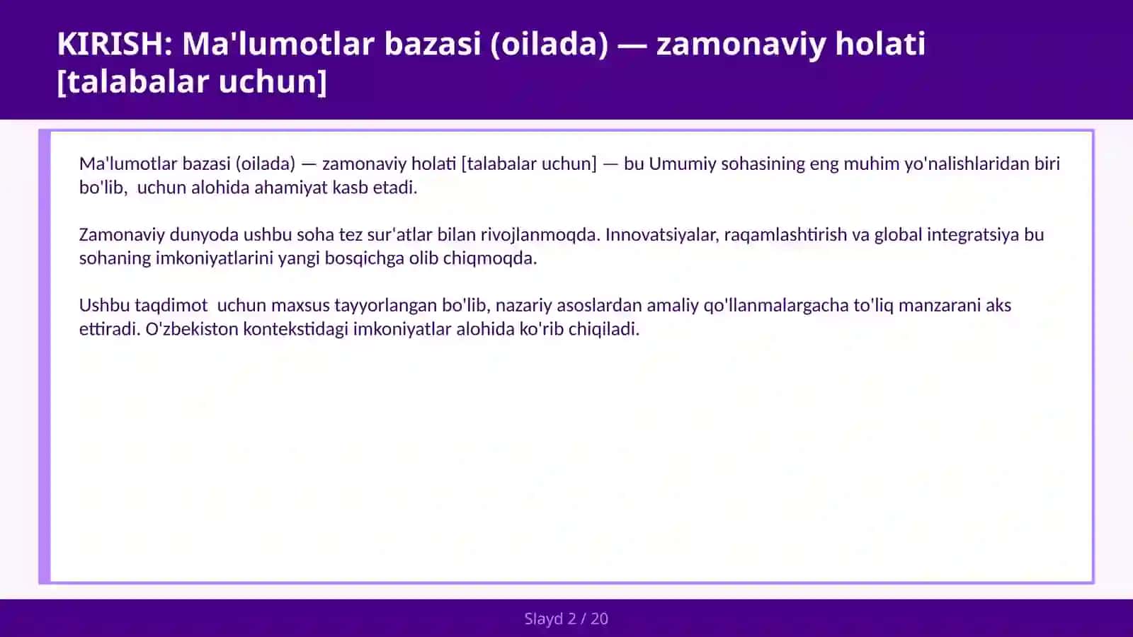 MA'LUMOTLAR BAZASI (OILADA) — ZAMONAVIY HOLATI [TALABALAR UCHUN] 2