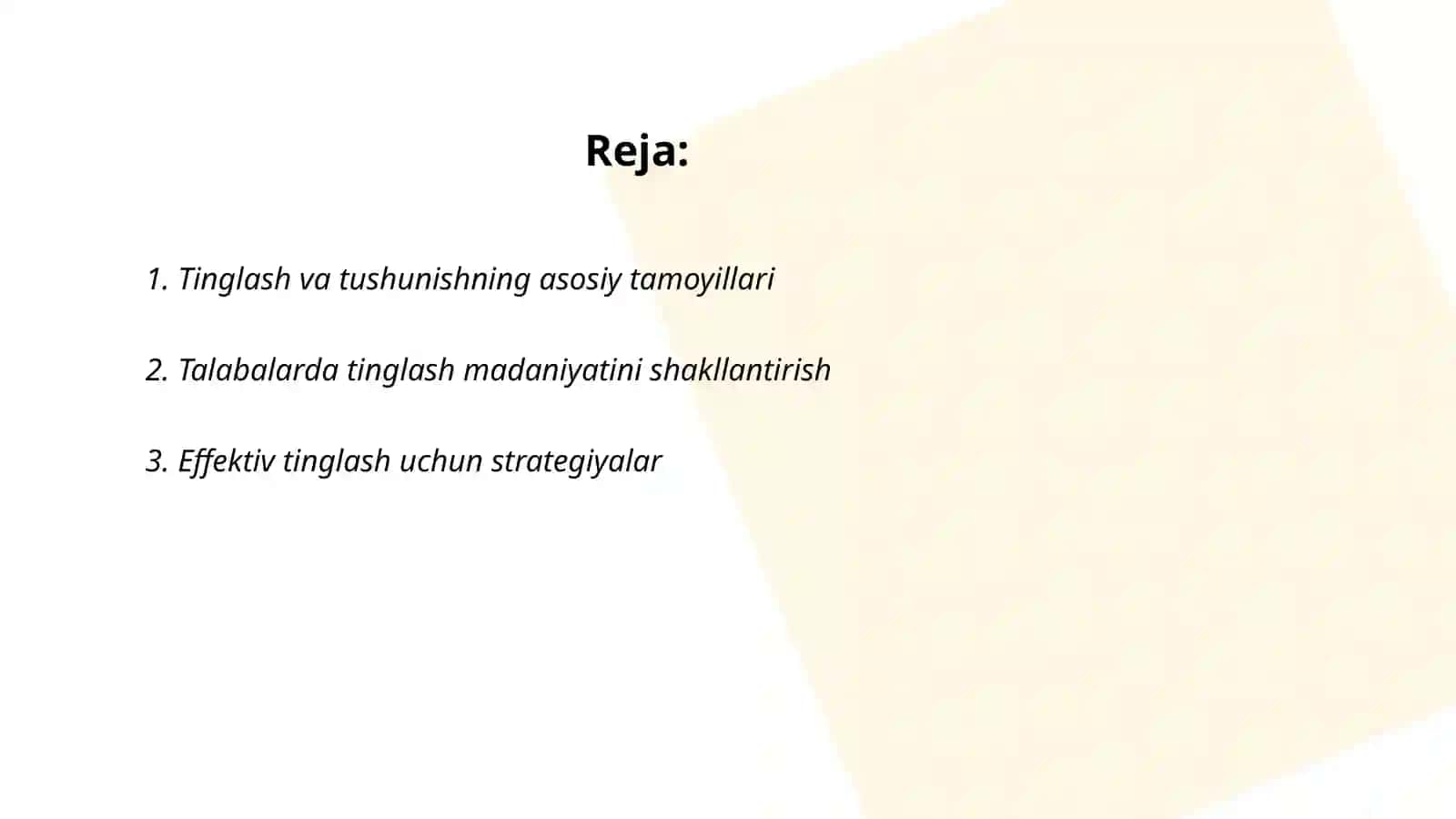 Oʻquvchilarda tinglab tushunish anglash koʻnikmasi, tinglab koʻnikmalarini shakllantirish tushishni rivojlantiruvchi mazmuniy strategiyalar 2