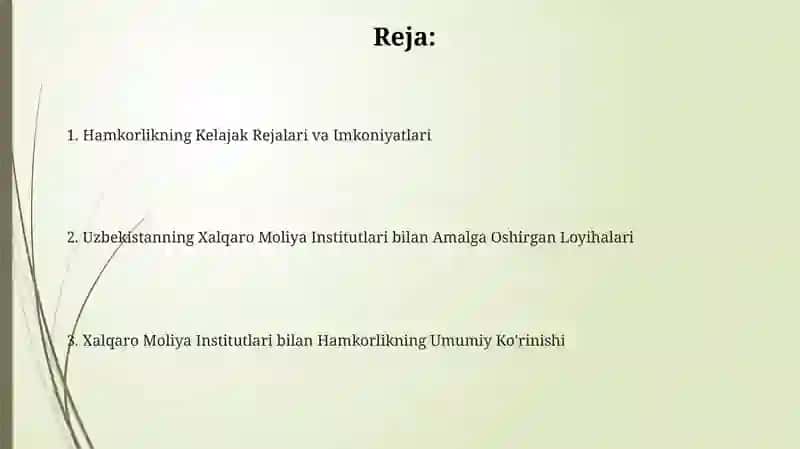 Uzbekistanning Xalqaro Moliya Institutlari bilan Amalga Oshirgan Loyihalari 2