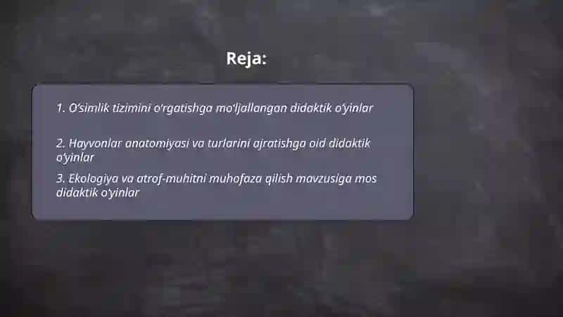Tabiiy fanlar nazariyasi va metodikasi mavzularga mos didaktik oʻyinlar yozib kelish 2