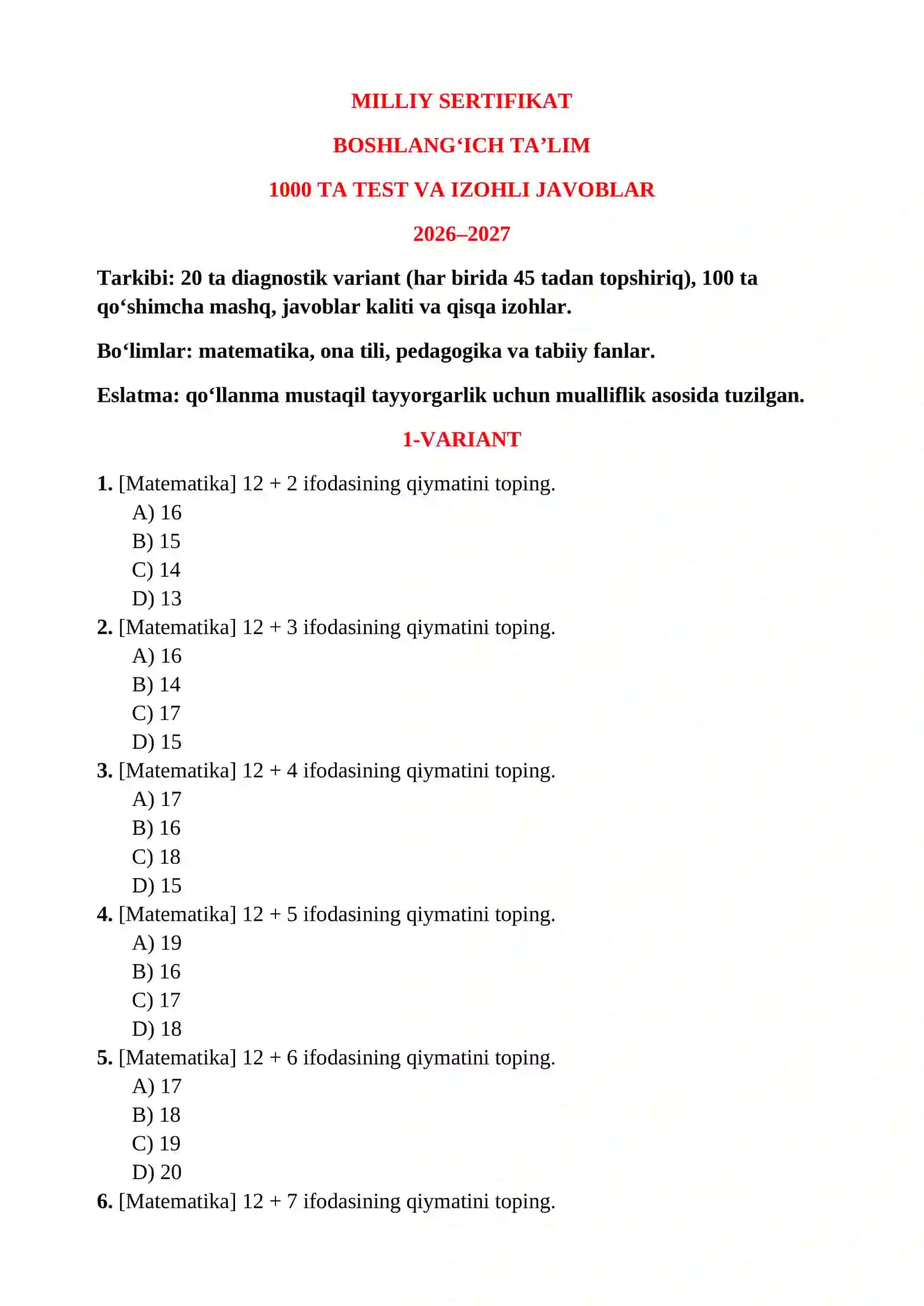 MILLIY SERTIFIKAT/BOSHLANG‘ICH TA’LIM 1000 TA TEST VA IZOHLI JAVOBLAR 2026–2027 2
