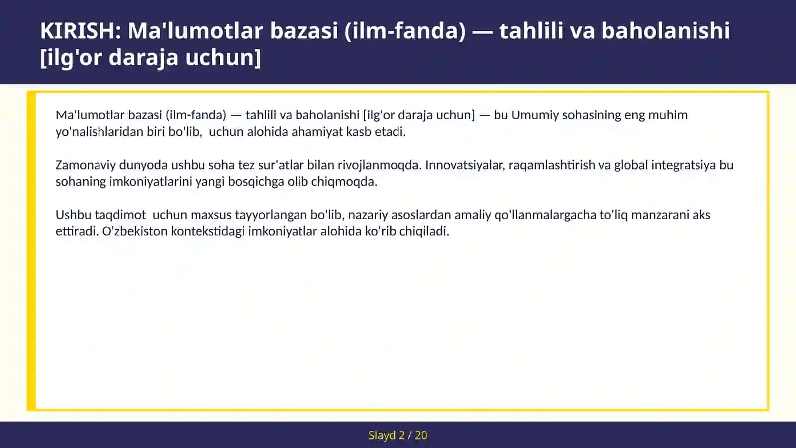 Ma'lumotlar bazasi (ilm-fanda) — tahlili va baholanishi [ilg'or daraja uchun] 2